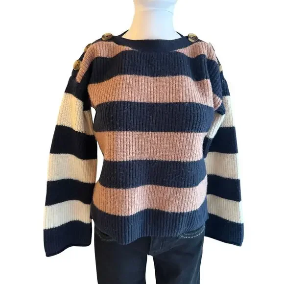 Madewell Striped Merino Wool Sweater XS Navy Blush Button Shoulder - Picture 6 of 6